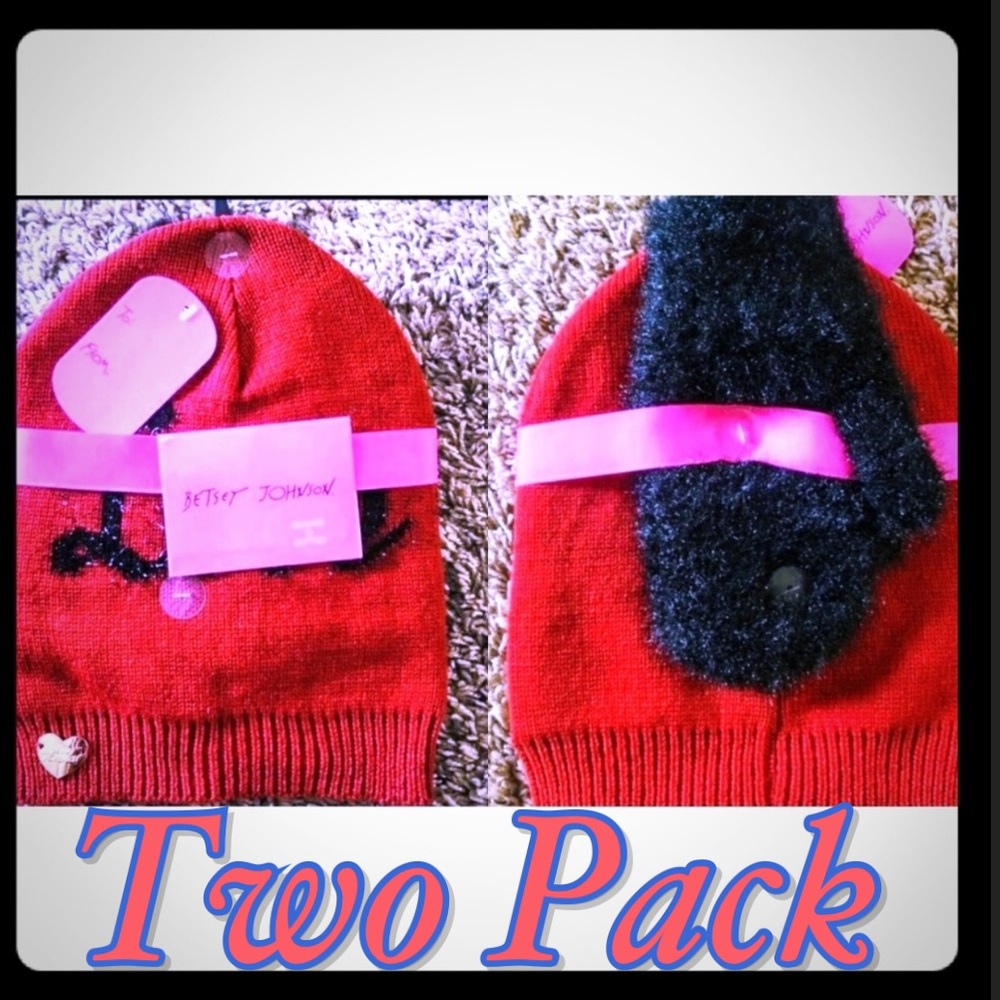 Betsey John Red Black Mitten Beanie Hat Gloves